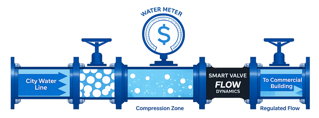 Smart Valve™ installation diagram — City Water Line to Commercial Building